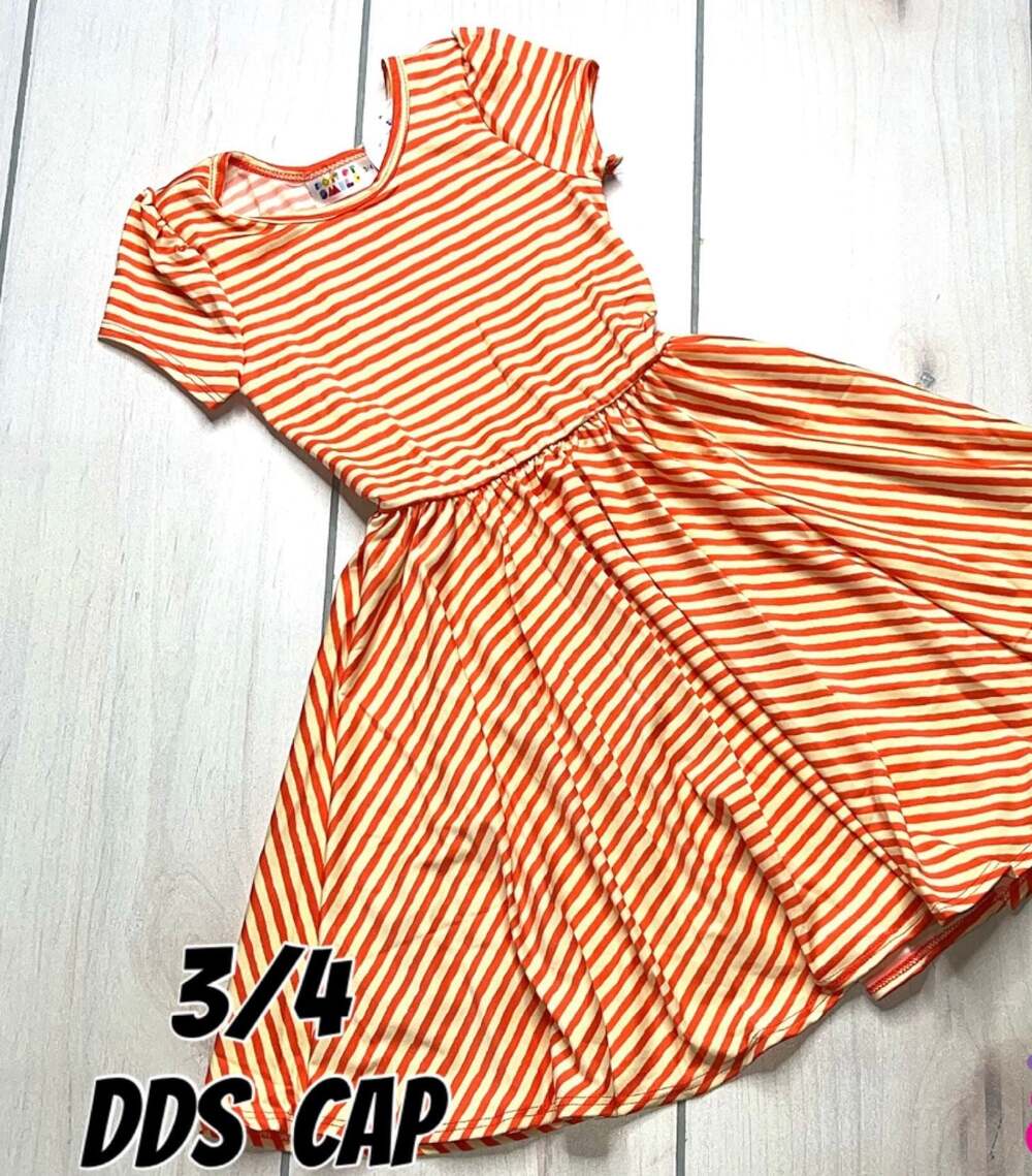 DotDotSmile Girls Orange and Yellow Striped Cap Sleeve Twirl Dress